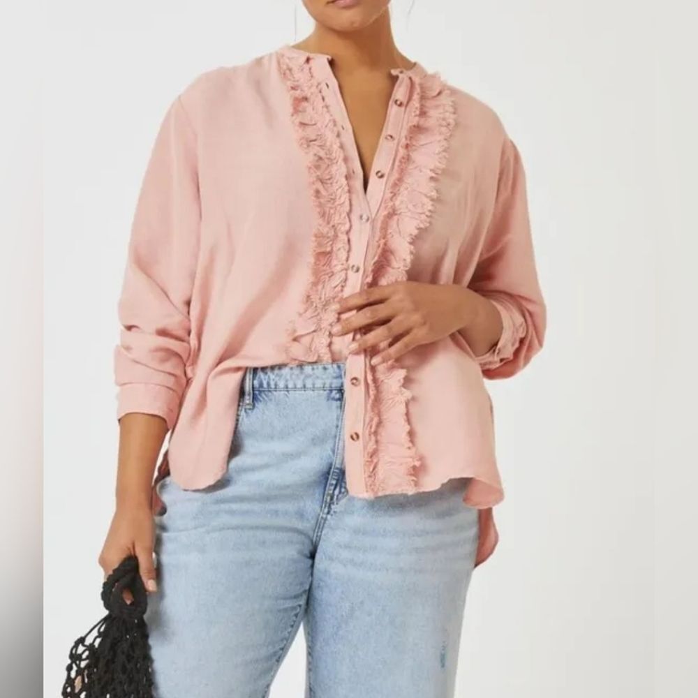 M ANTHROPOLOGIE PILCRO pink career ruffle long sleeve top MEDIUM